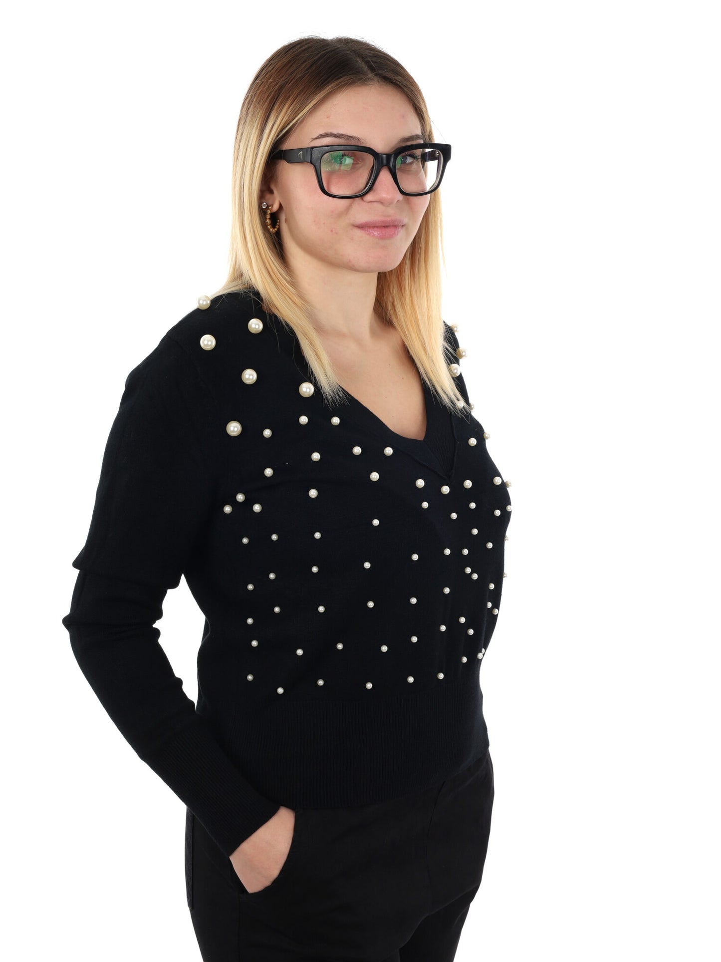 MAGLIA SCOLLO A V E PERLE MISS LOVE DA DONNA NERO