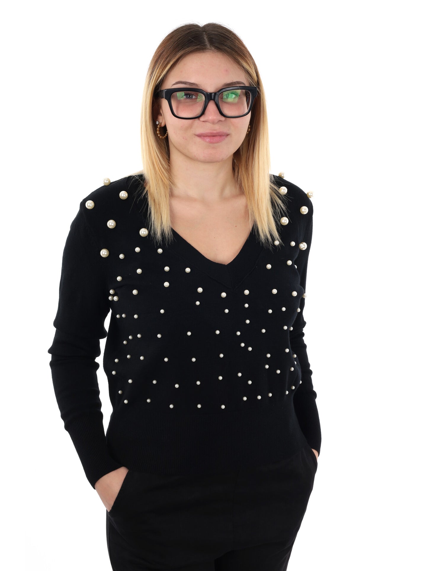 MAGLIA SCOLLO A V E PERLE MISS LOVE DA DONNA NERO