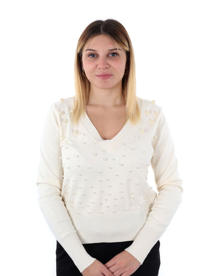 MAGLIA SCOLLO A V E PERLE MISS LOVE DA DONNA PANNA