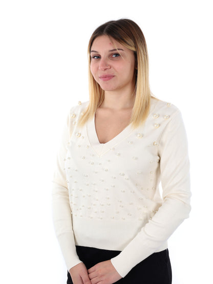MAGLIA SCOLLO A V E PERLE MISS LOVE DA DONNA PANNA