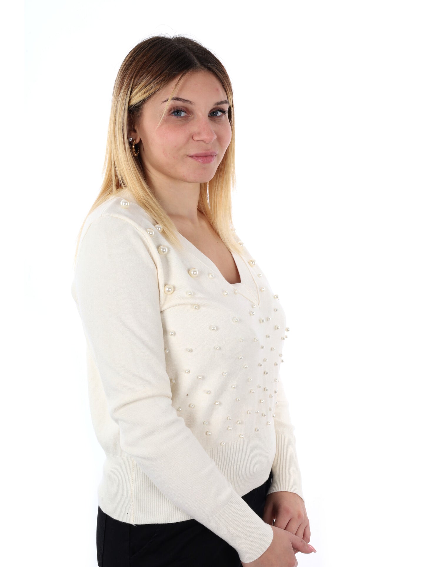 MAGLIA SCOLLO A V E PERLE MISS LOVE DA DONNA PANNA