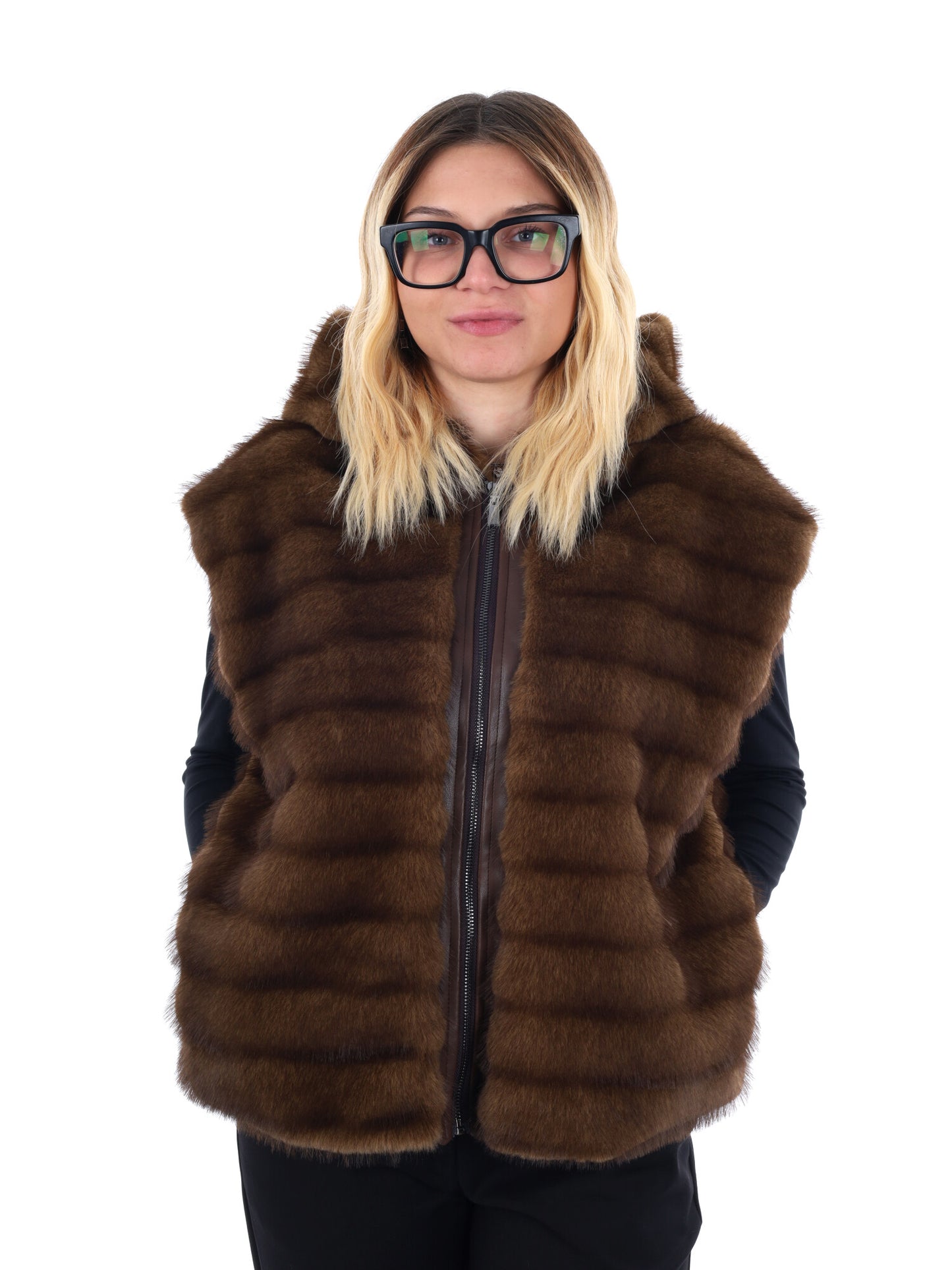GILET CON CAPPUCCIO IN ECOPELLICCIA MISS LOVE DA DONNA MARRONE