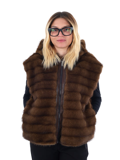 GILET CON CAPPUCCIO IN ECOPELLICCIA MISS LOVE DA DONNA MARRONE