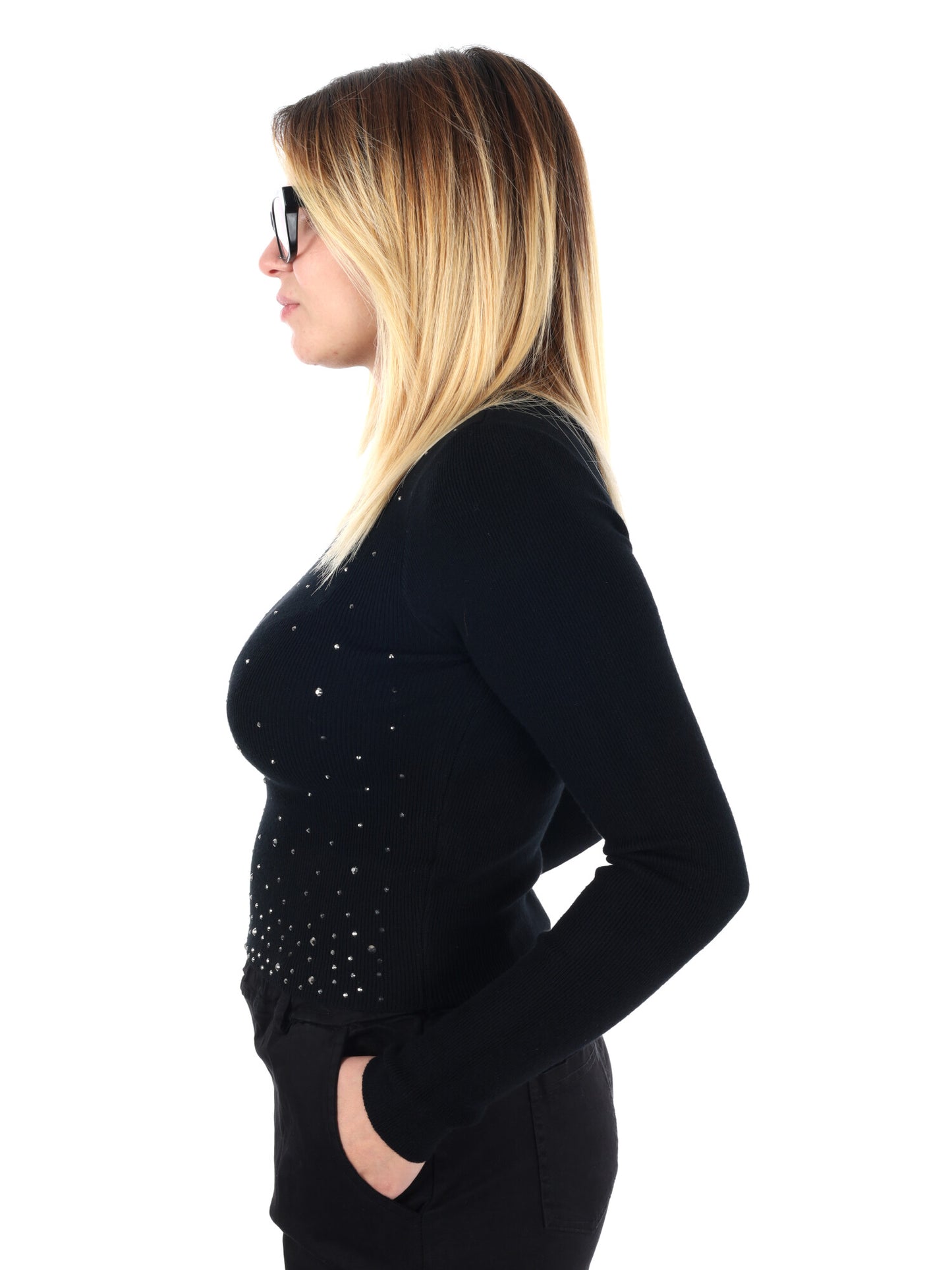 MAGLIA A MANICHE LUNGHE CROP CON STRASS MISS LOVE DA DONNA NERO