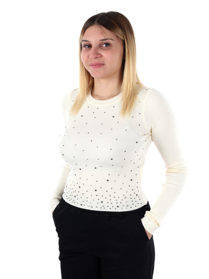 MAGLIA A MANICHE LUNGHE CROP CON STRASS MISS LOVE DA DONNA PANNA