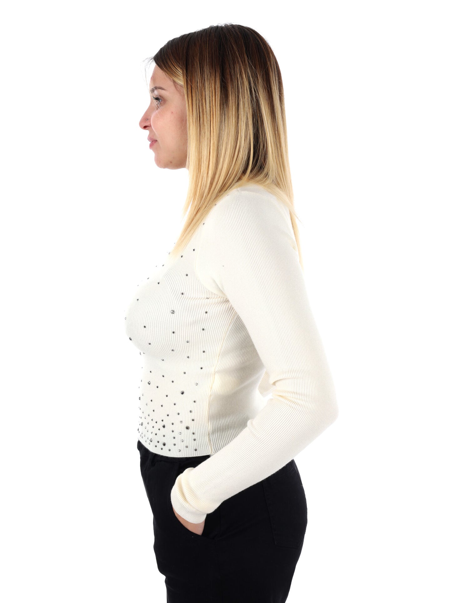 MAGLIA A MANICHE LUNGHE CROP CON STRASS MISS LOVE DA DONNA PANNA