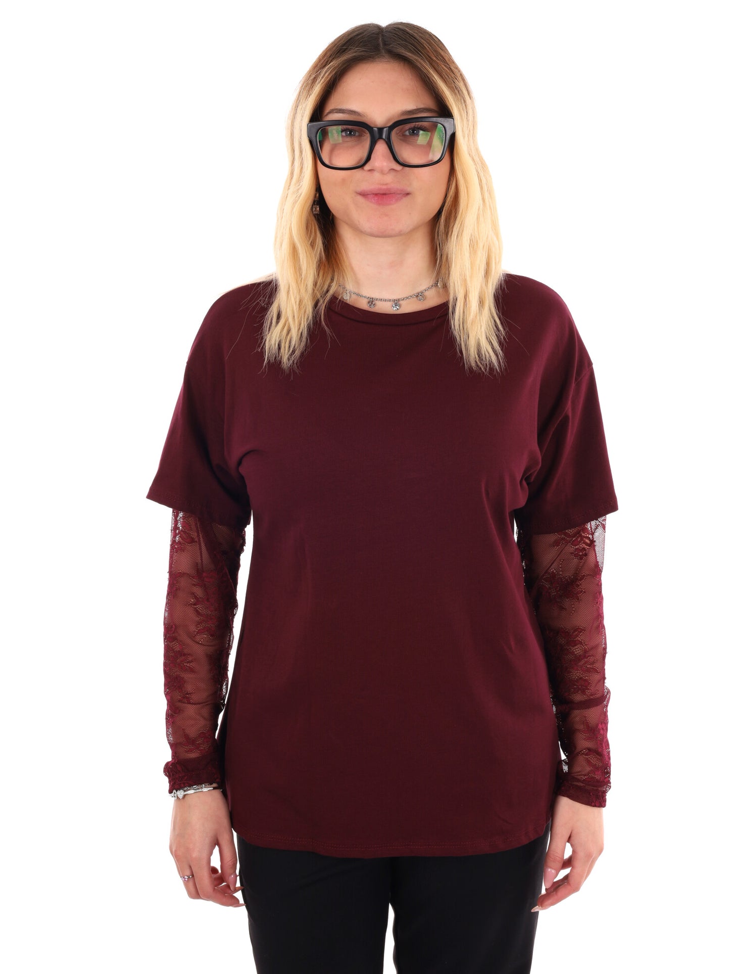 T-SHIRT CON MANICHE IN PIZZO MISS LOVE DA DONNA BORDEAUX