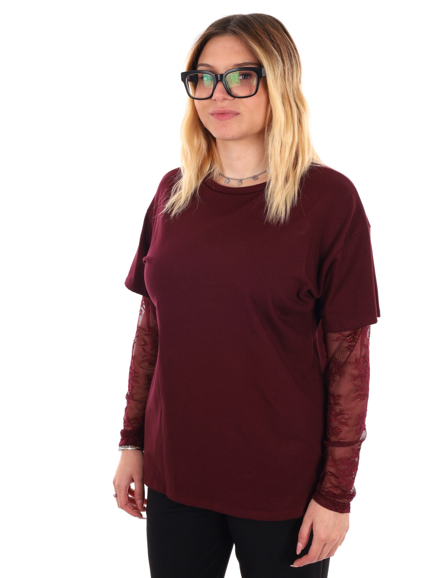 T-SHIRT CON MANICHE IN PIZZO MISS LOVE DA DONNA BORDEAUX