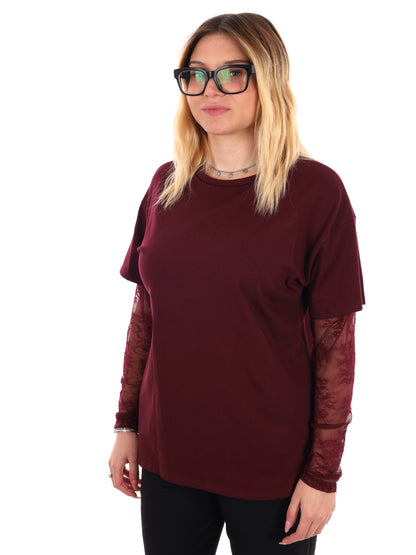 T-SHIRT CON MANICHE IN PIZZO MISS LOVE DA DONNA BORDEAUX