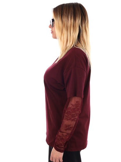 T-SHIRT CON MANICHE IN PIZZO MISS LOVE DA DONNA BORDEAUX
