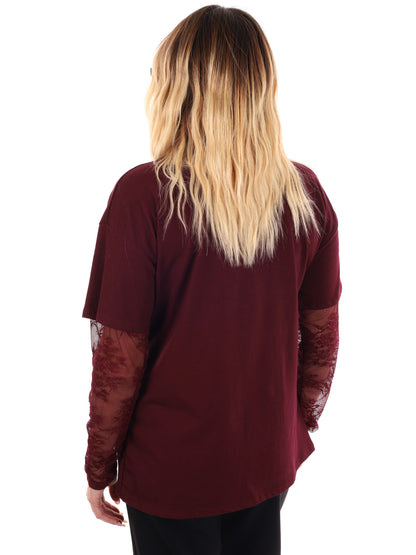 T-SHIRT CON MANICHE IN PIZZO MISS LOVE DA DONNA BORDEAUX