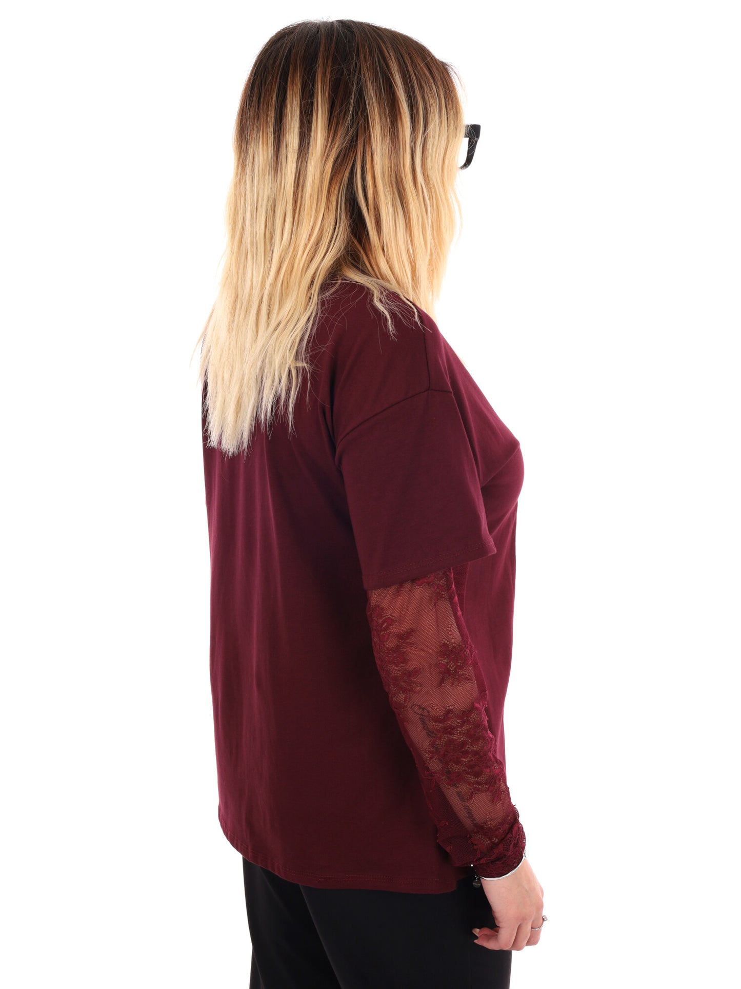 T-SHIRT CON MANICHE IN PIZZO MISS LOVE DA DONNA BORDEAUX