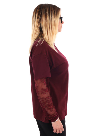 T-SHIRT CON MANICHE IN PIZZO MISS LOVE DA DONNA BORDEAUX