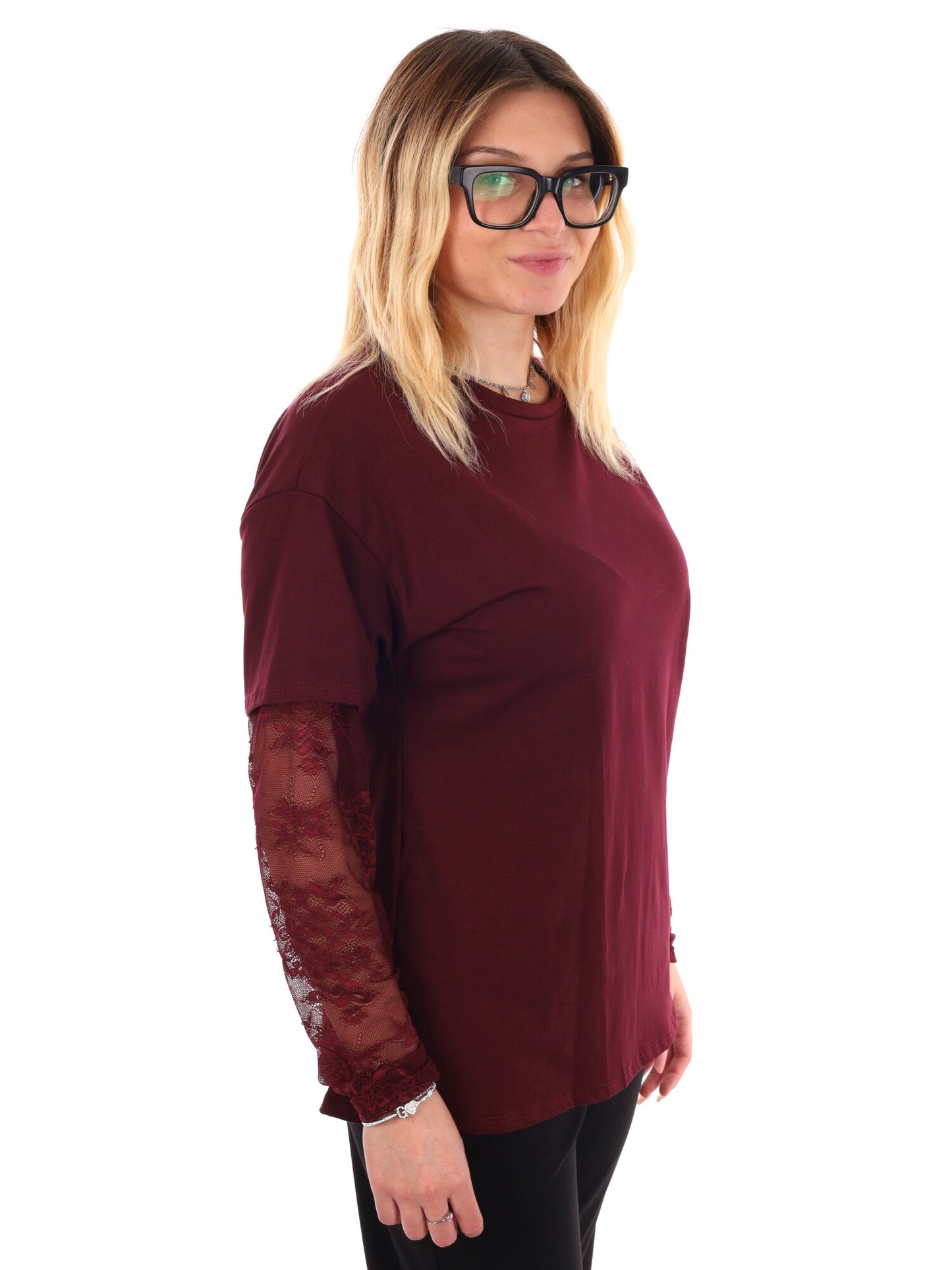 T-SHIRT CON MANICHE IN PIZZO MISS LOVE DA DONNA BORDEAUX