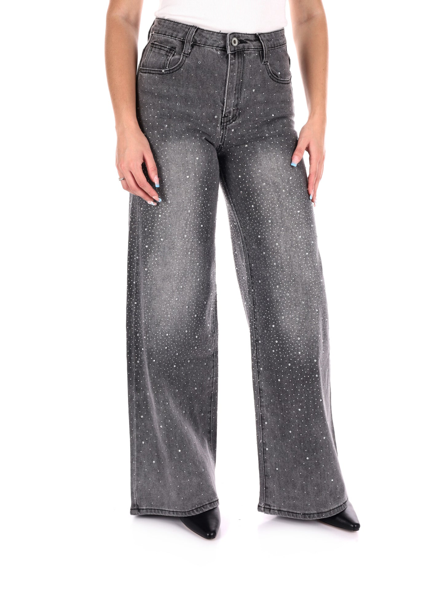 JEANS PANTAPALAZZO VITA ALTA CON STRASS MISS LOVE DA DONNA DENIM GRIGIO