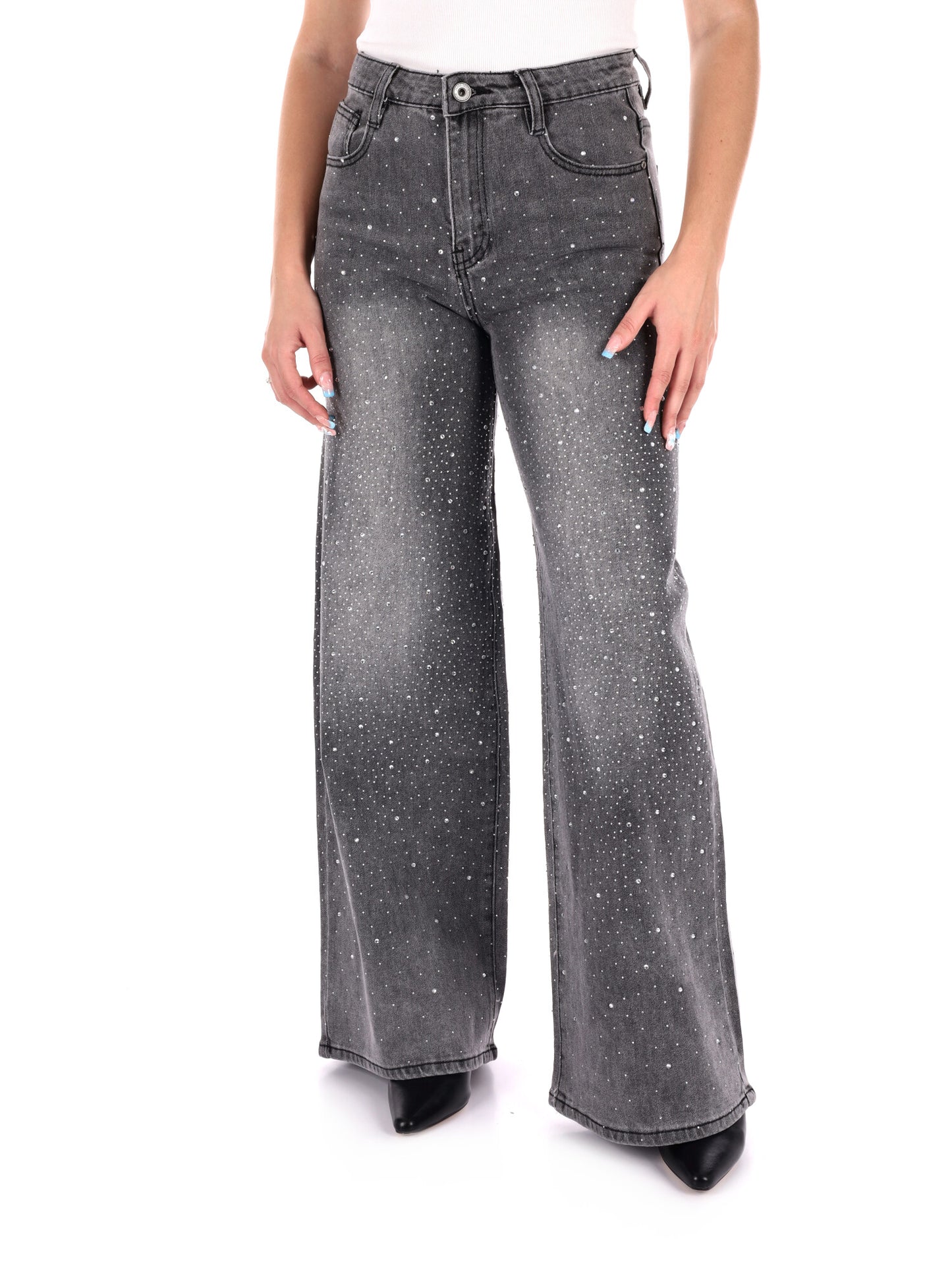 JEANS PANTAPALAZZO VITA ALTA CON STRASS MISS LOVE DA DONNA DENIM GRIGIO