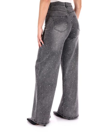 JEANS PANTAPALAZZO VITA ALTA CON STRASS MISS LOVE DA DONNA DENIM GRIGIO