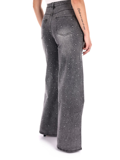 JEANS PANTAPALAZZO VITA ALTA CON STRASS MISS LOVE DA DONNA DENIM GRIGIO