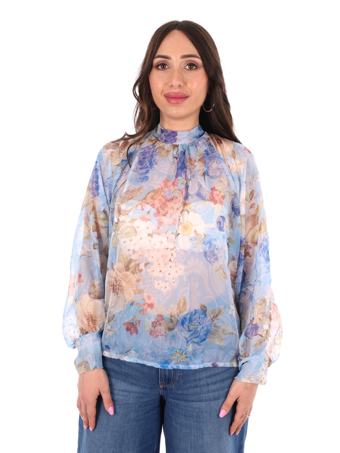 Miss Love blusa celeste multicolor elegante da donna con fiocco