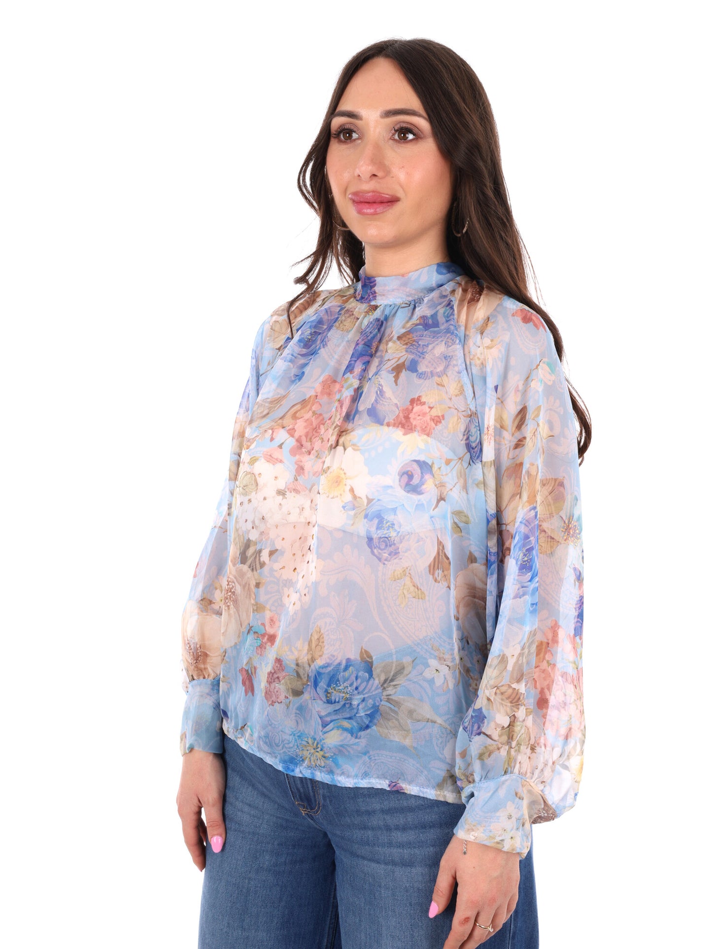 Miss Love blusa celeste multicolor elegante da donna con fiocco