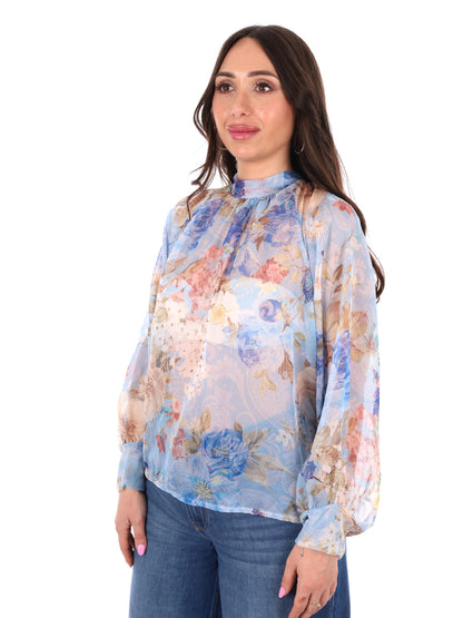 Miss Love blusa celeste multicolor elegante da donna con fiocco