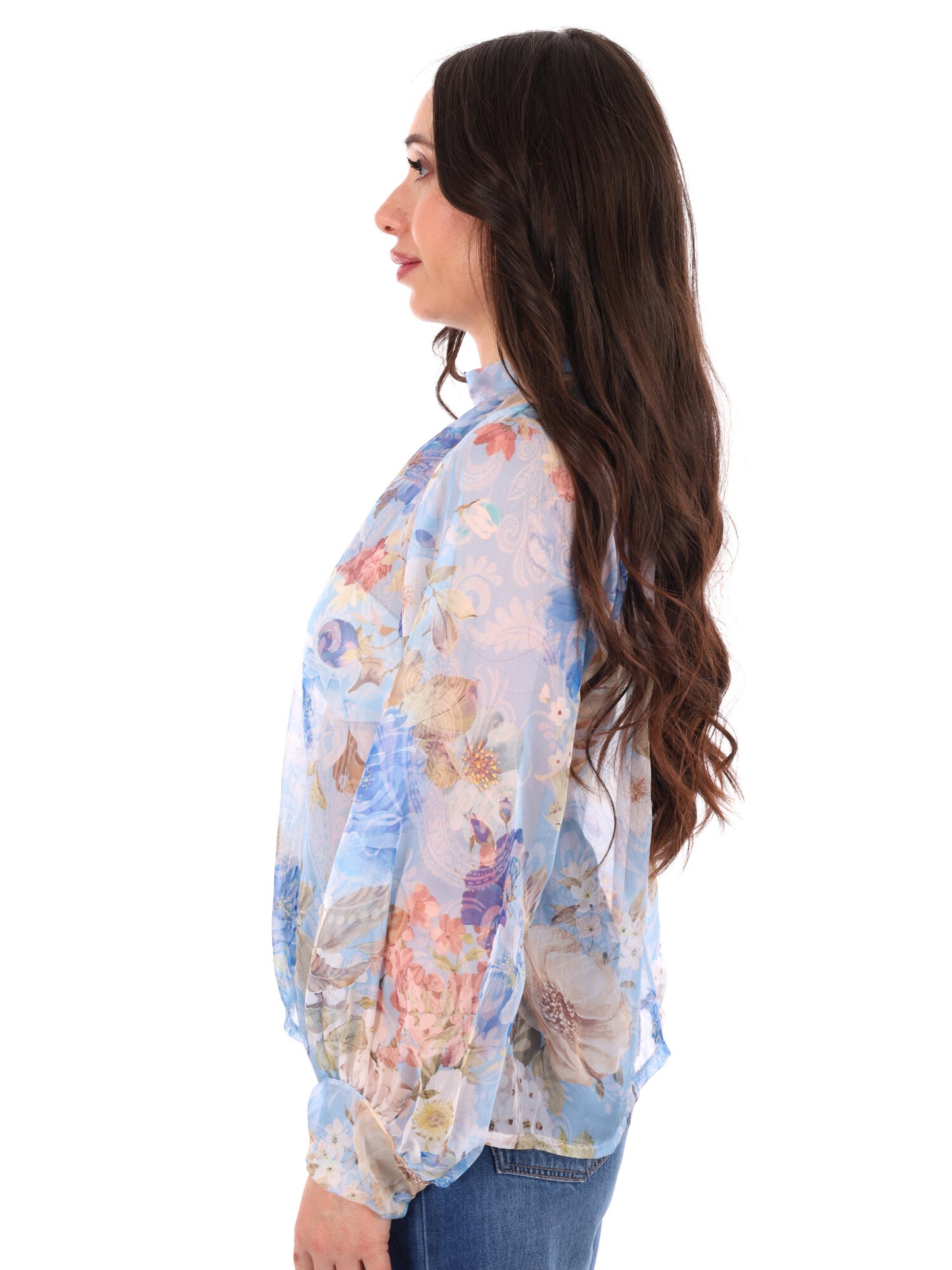 Miss Love blusa celeste multicolor elegante da donna con fiocco