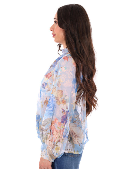 Miss Love blusa celeste multicolor elegante da donna con fiocco