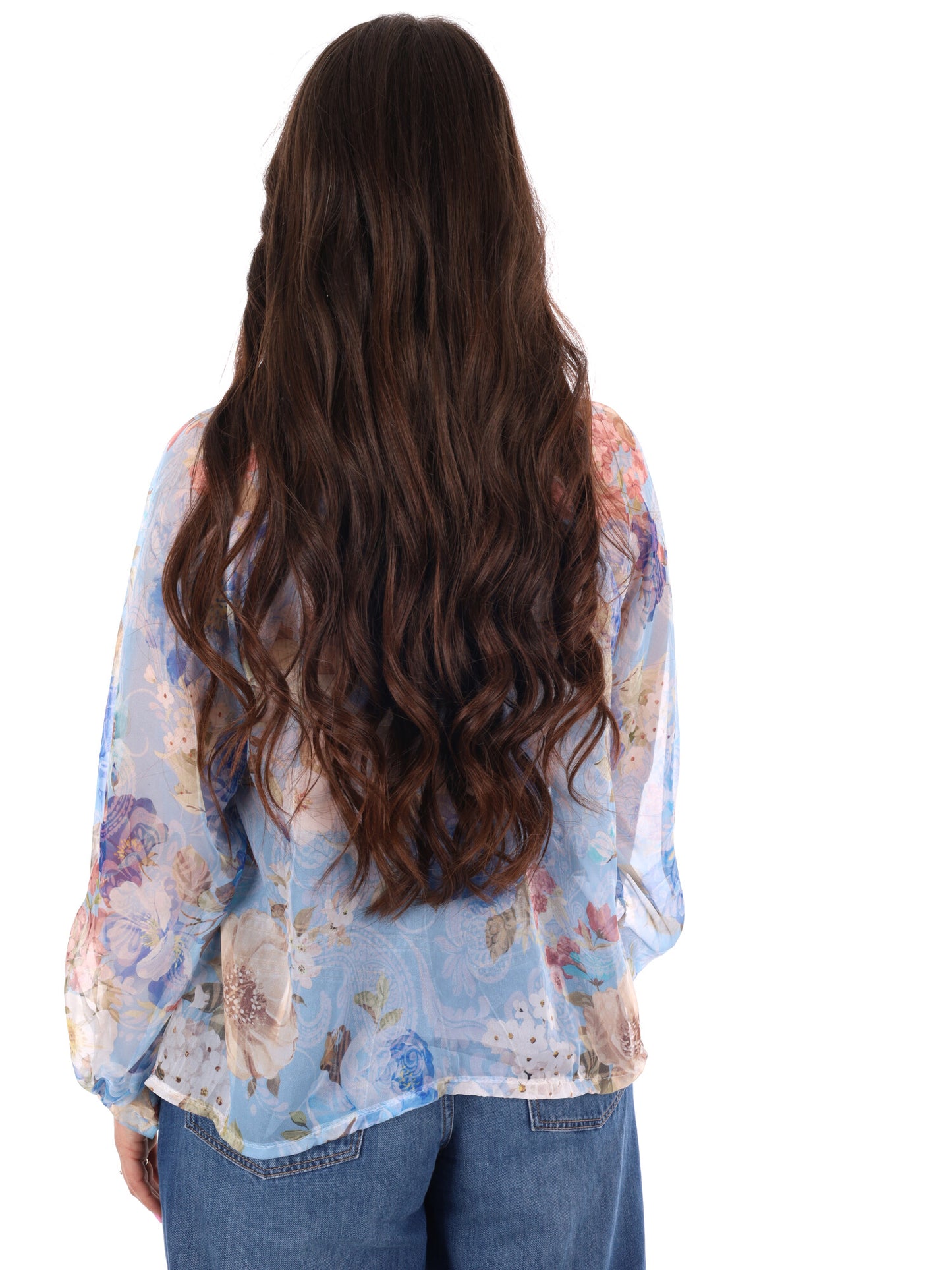 Miss Love blusa celeste multicolor elegante da donna con fiocco