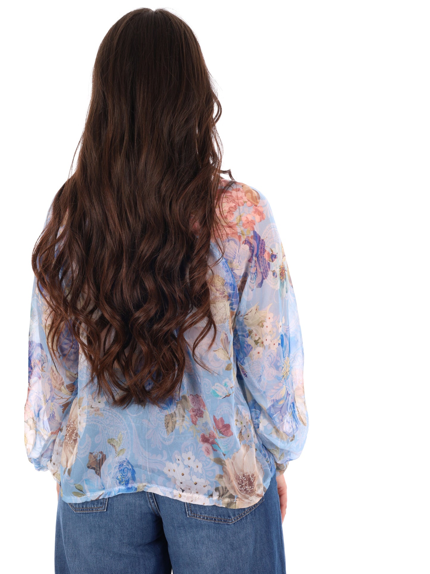 Miss Love blusa celeste multicolor elegante da donna con fiocco