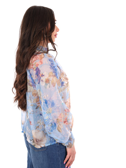 Miss Love blusa celeste multicolor elegante da donna con fiocco