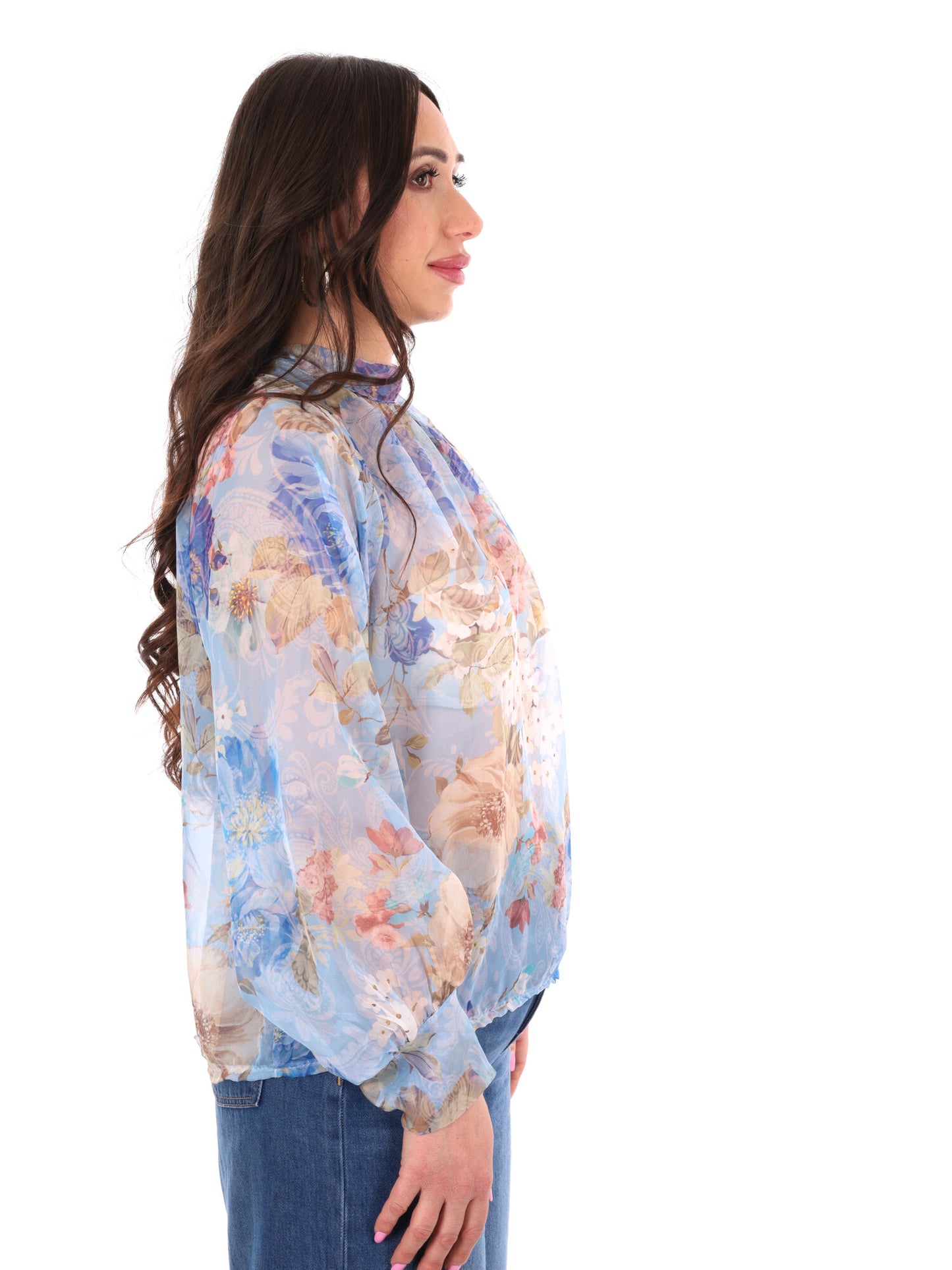 Miss Love blusa celeste multicolor elegante da donna con fiocco