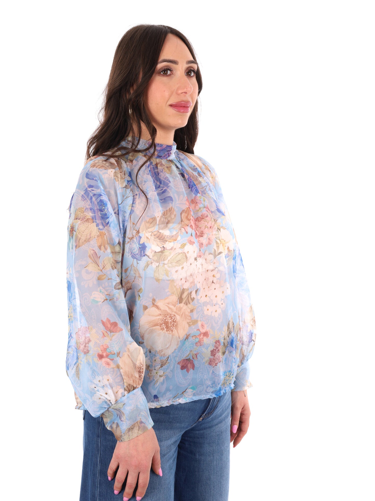Miss Love blusa celeste multicolor elegante da donna con fiocco