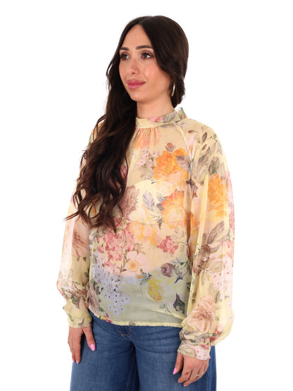 Miss Love blusa loose elegante con stampa e fiocco gialla da donna