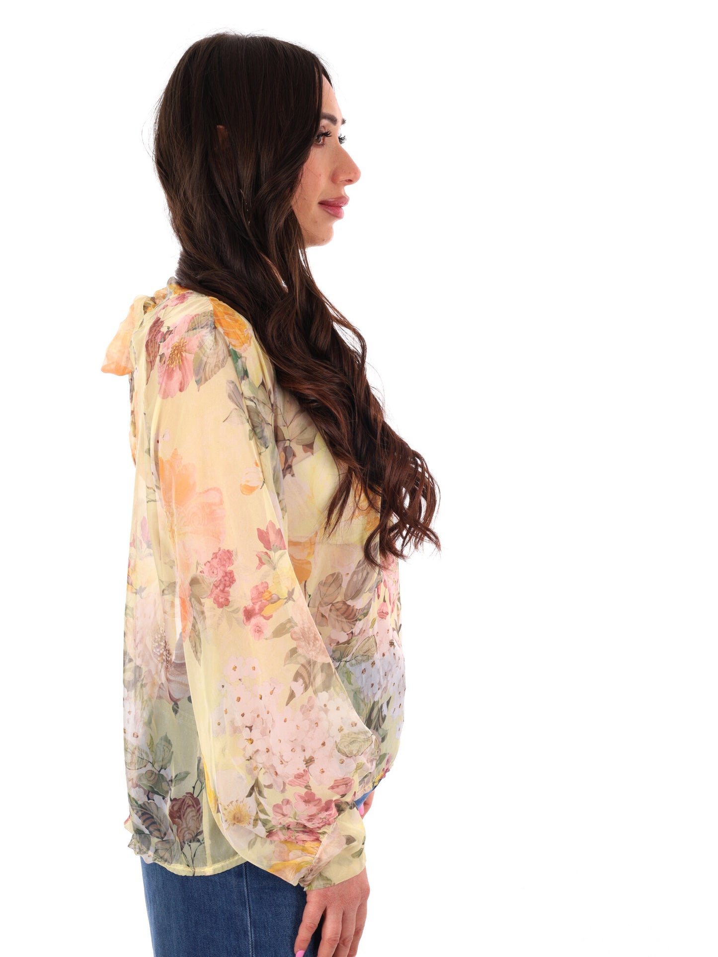 Miss Love blusa loose elegante con stampa e fiocco gialla da donna
