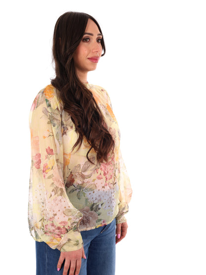 Miss Love blusa loose elegante con stampa e fiocco gialla da donna