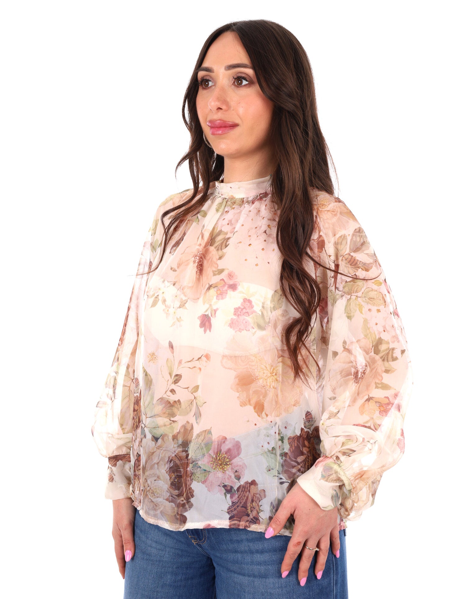 Blusa Miss Love panna elegante con stampa multicolor e fiocco