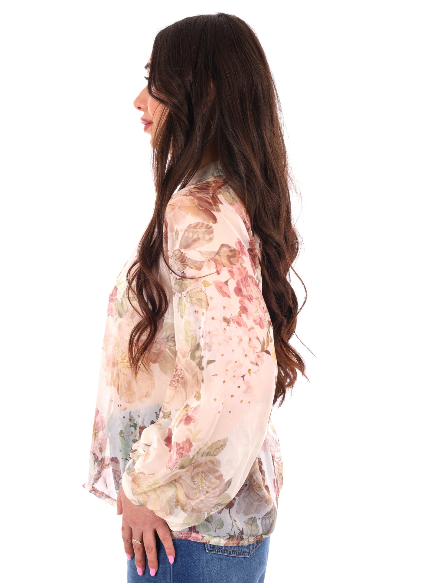 Blusa Miss Love panna elegante con stampa multicolor e fiocco
