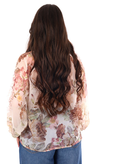 Blusa Miss Love panna elegante con stampa multicolor e fiocco