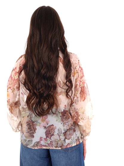 Blusa Miss Love panna elegante con stampa multicolor e fiocco