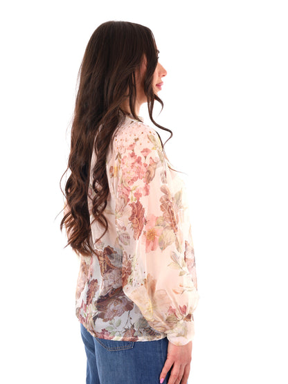 Blusa Miss Love panna elegante con stampa multicolor e fiocco