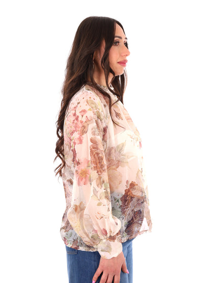 Blusa Miss Love panna elegante con stampa multicolor e fiocco