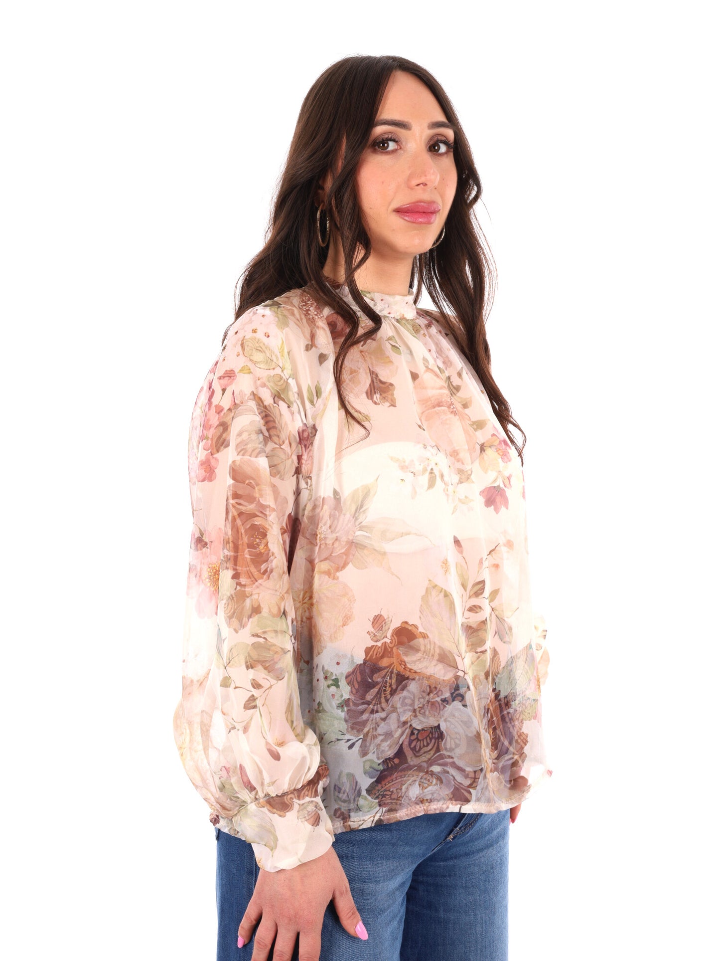 Blusa Miss Love panna elegante con stampa multicolor e fiocco