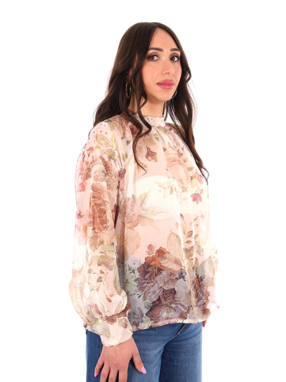 Blusa Miss Love panna elegante con stampa multicolor e fiocco