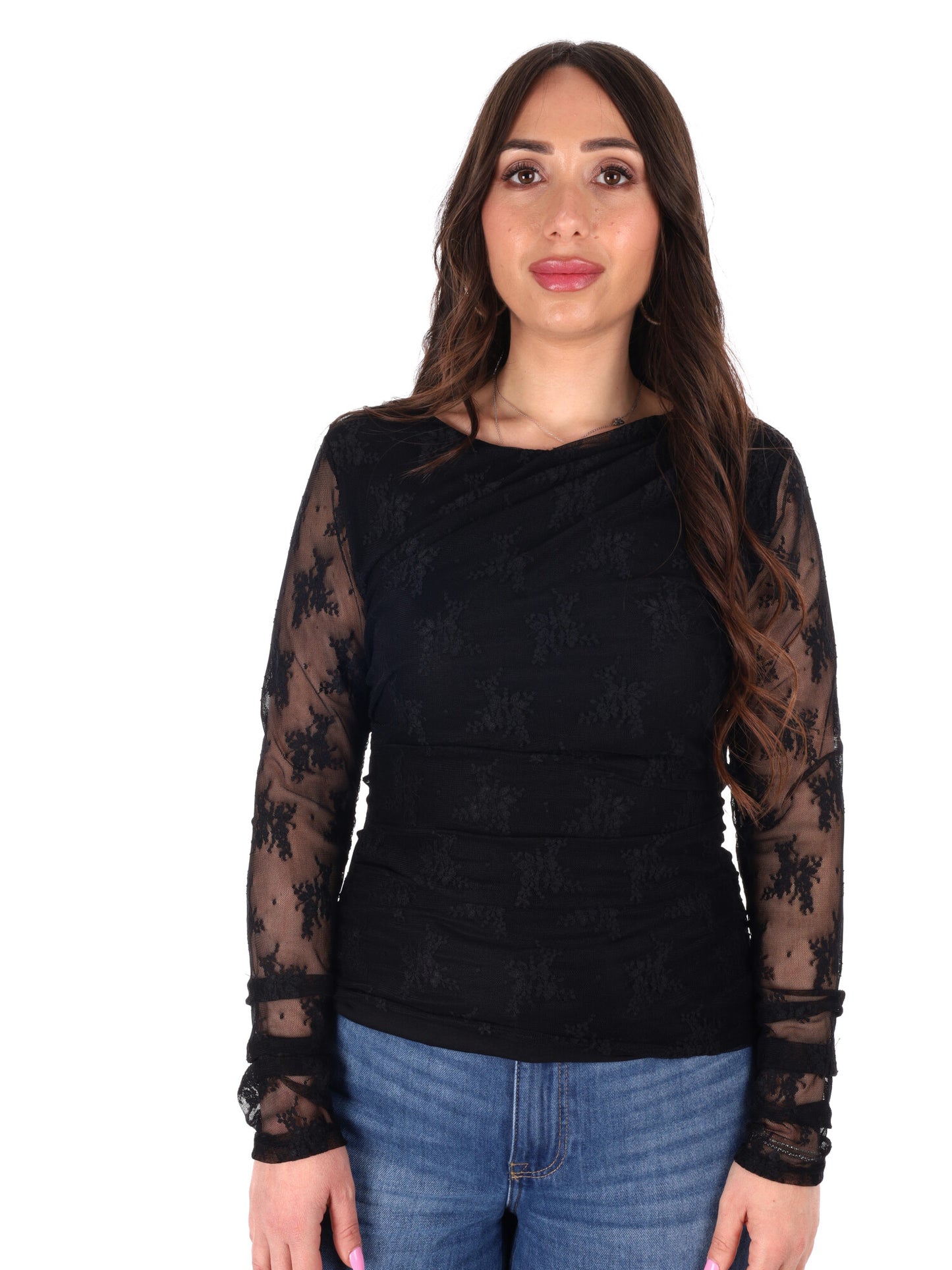 T-shirt nera a maniche lunghe in pizzo Miss Love da donna