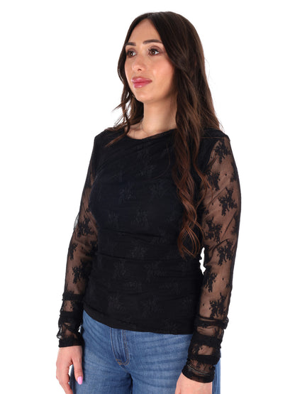 T-shirt nera a maniche lunghe in pizzo Miss Love da donna