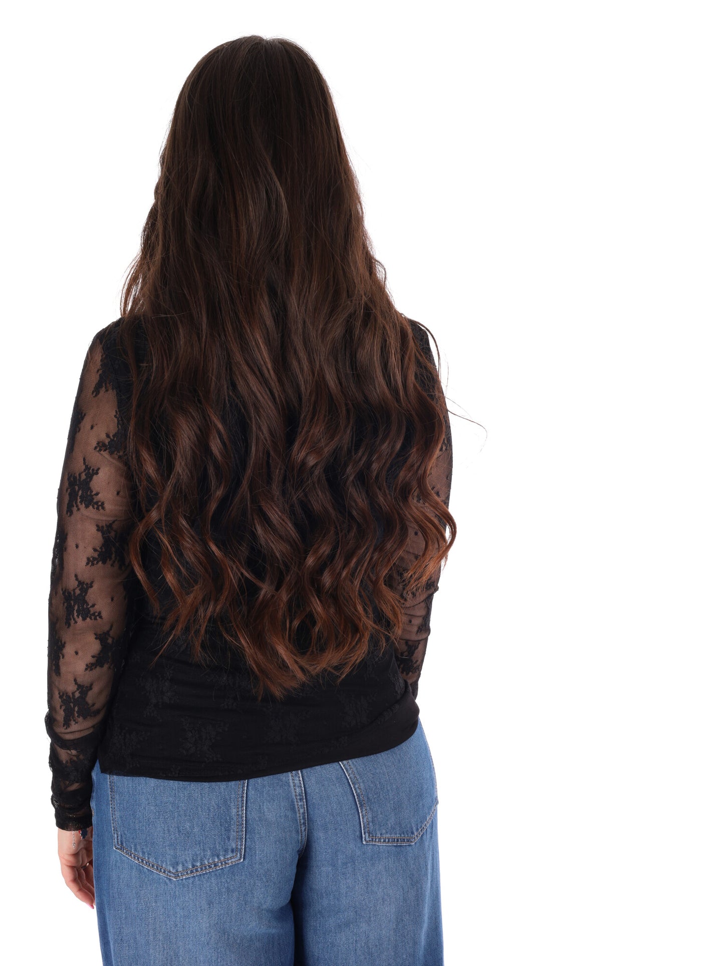 T-shirt nera a maniche lunghe in pizzo Miss Love da donna
