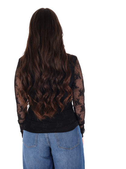 T-shirt nera a maniche lunghe in pizzo Miss Love da donna