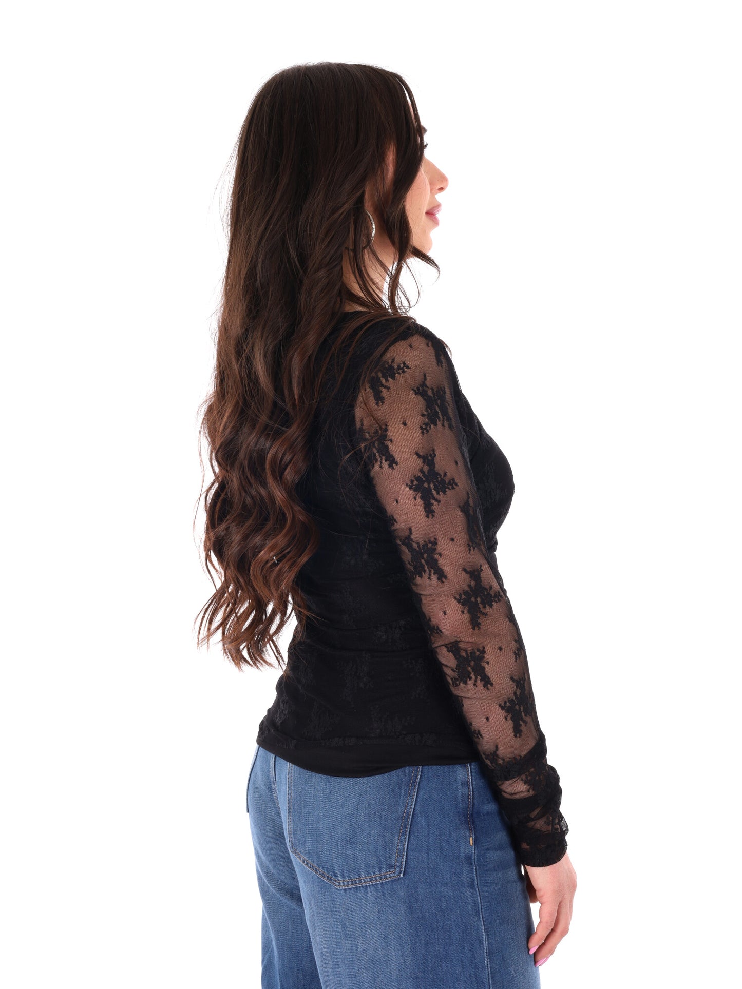 T-shirt nera a maniche lunghe in pizzo Miss Love da donna