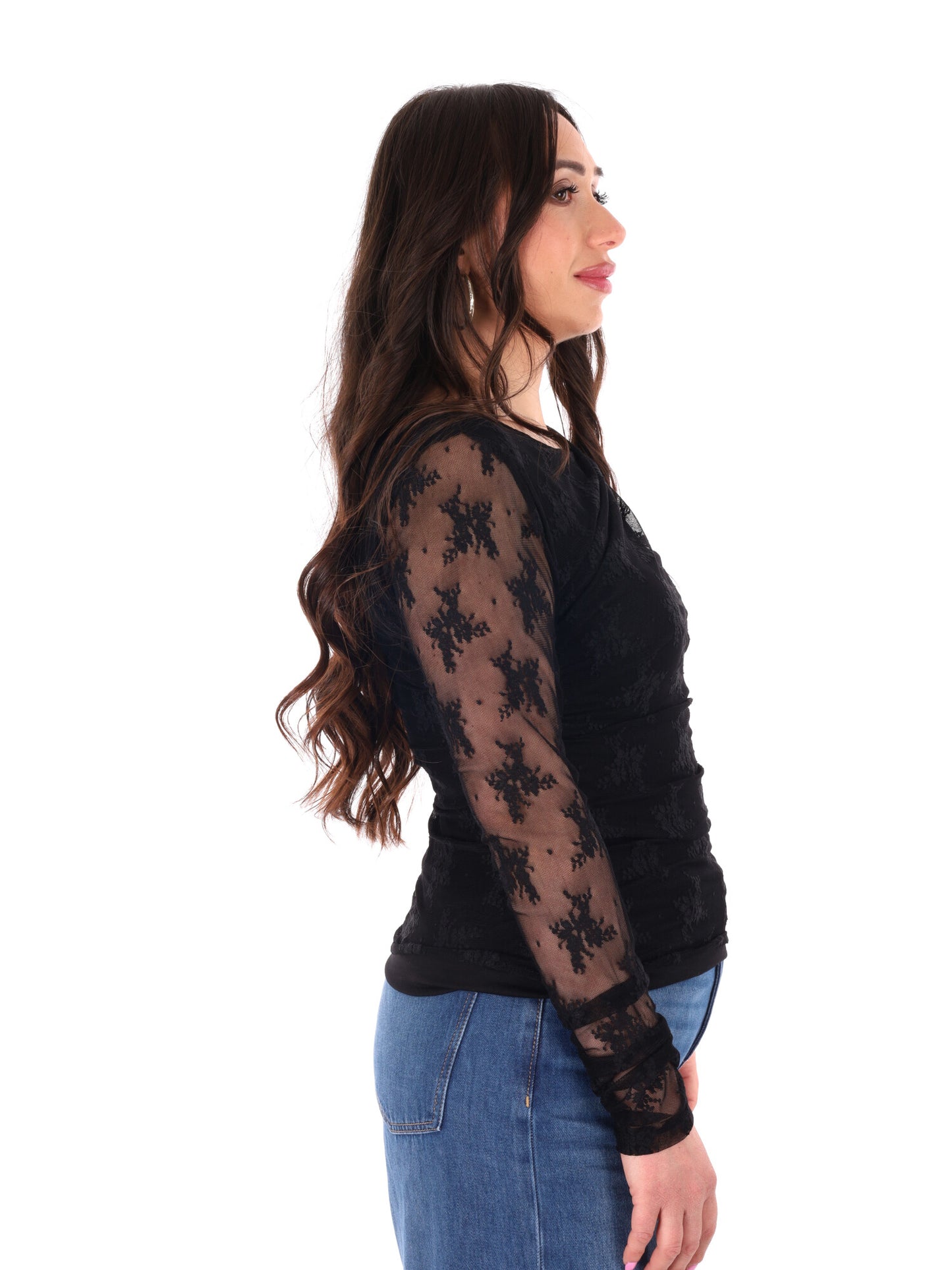 T-shirt nera a maniche lunghe in pizzo Miss Love da donna