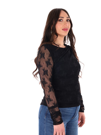 T-shirt nera a maniche lunghe in pizzo Miss Love da donna